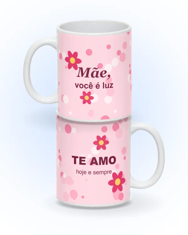 Mockup de caneca branca personalizada com arte floral rosa de Dia das Mães, mostrada dos dois lados