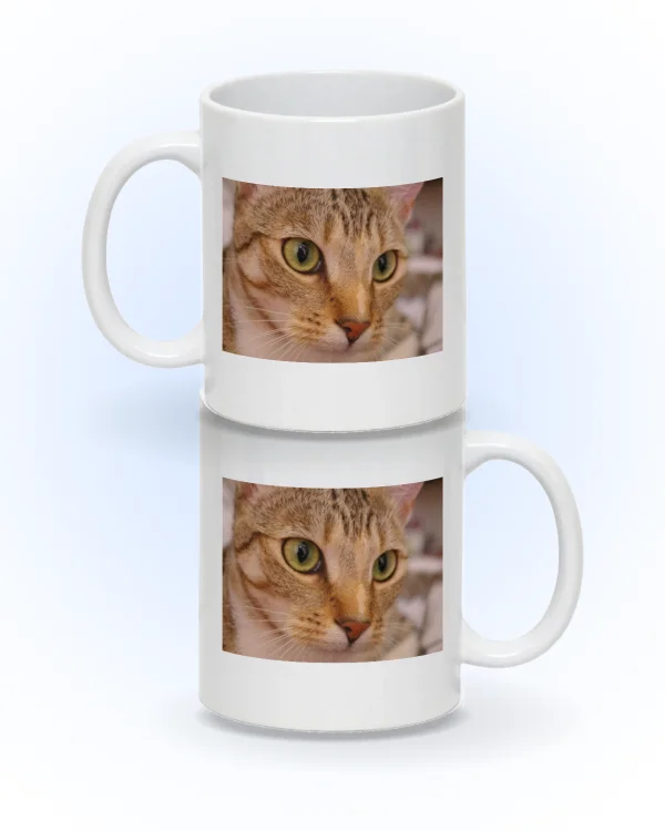 Mockup de caneca branca com foto de um gato