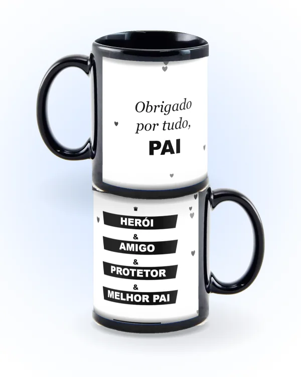 Mockup de caneca preta com tarja branca e frase de Dia dos Pais