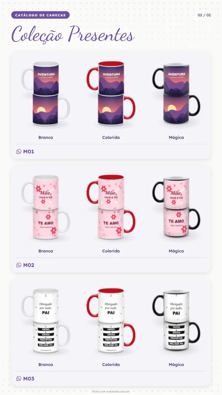 Página de catálogo com a mesma arte em caneca branca, colorida e mágica, lado a lado, em cada linha