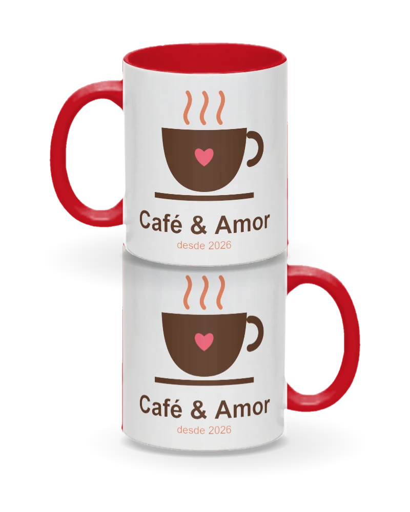 Mockup da caneca Café & Amor, com interior e alça vermelhos, mostrada dos dois lados